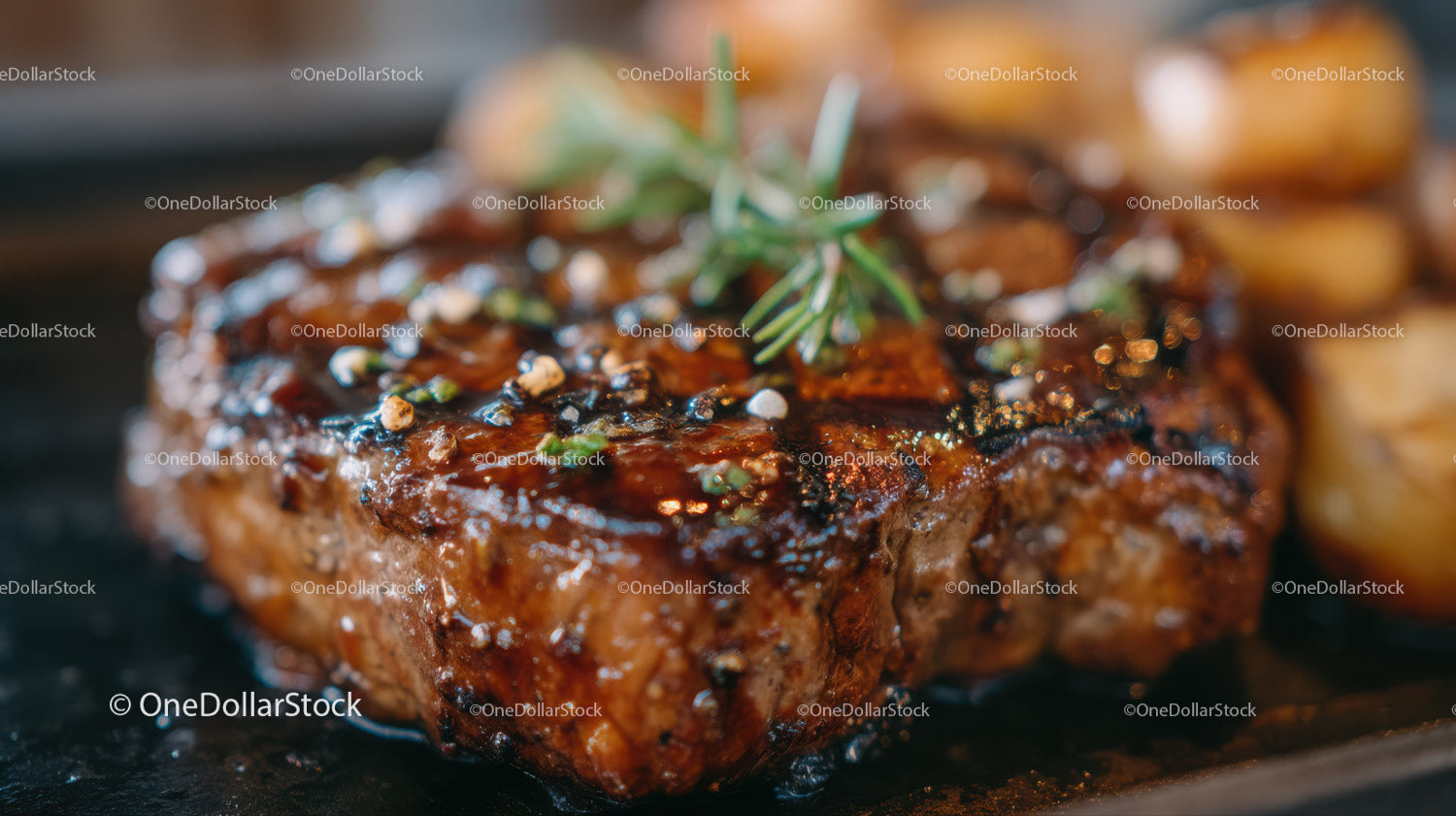 Juicy Grilled Beef Steak with Herbs on Black Plate