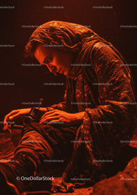 Woman in hood adjusting fishing reel at night
