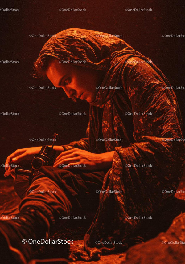 Woman in hood adjusting fishing reel at night