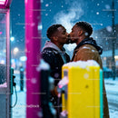 Couple Sharing Warm Kiss in Snowy Winter Night