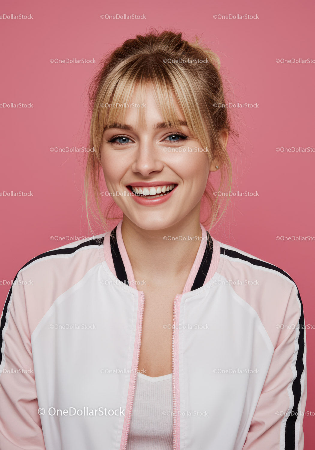Youthful Blonde Woman Smiling in Casual Outfit on Pink Background