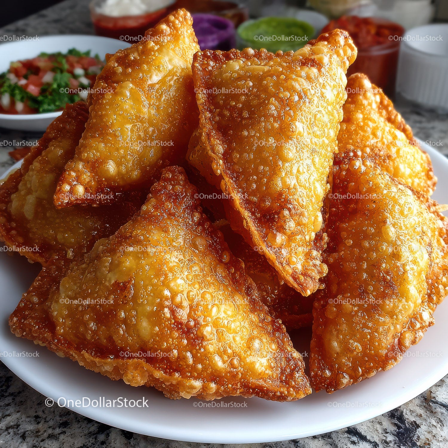 Crispy Golden Samosas on White Plate with Side Dishes