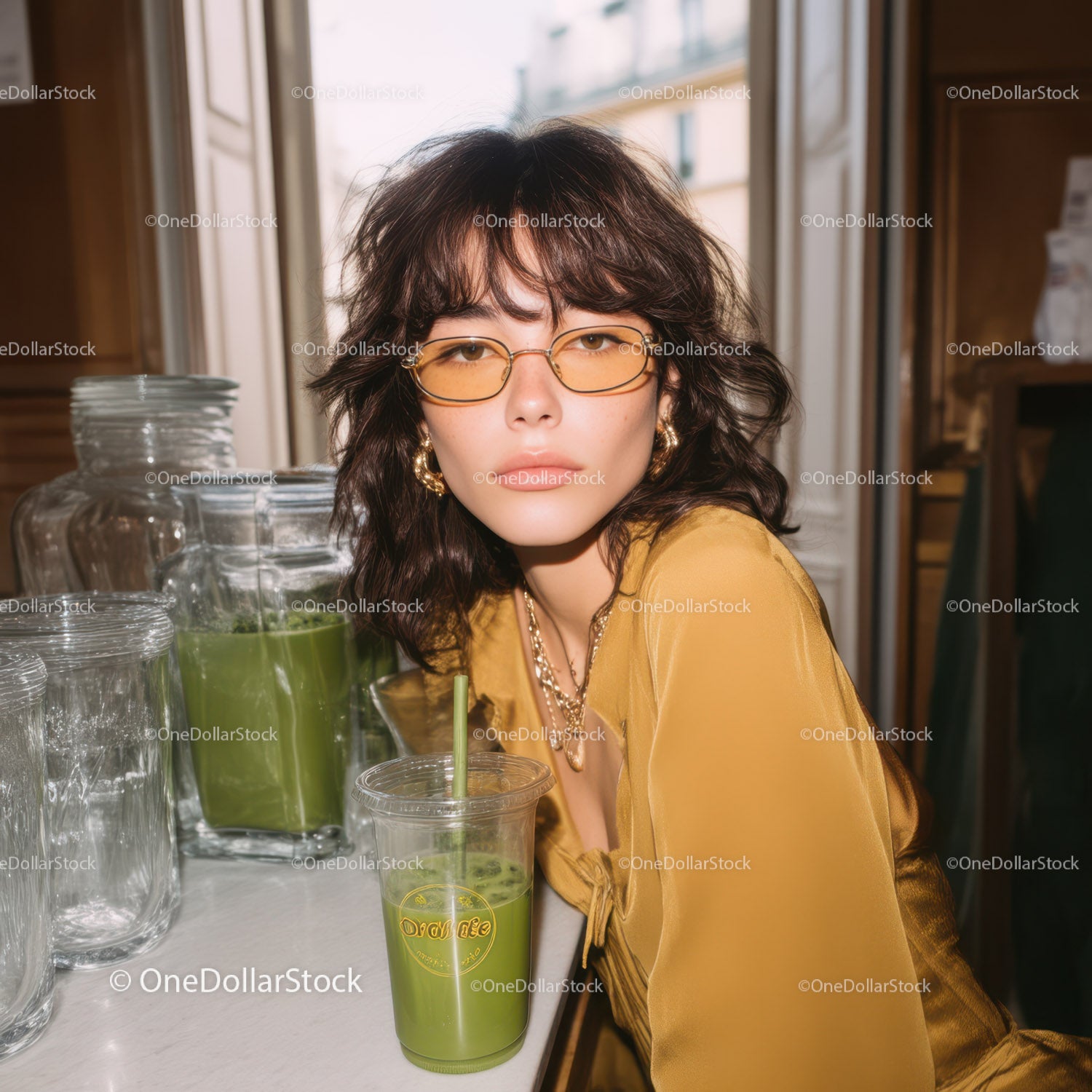 Fashionable Woman in Yellow Blouse with Sunglasses and Gold Accessories