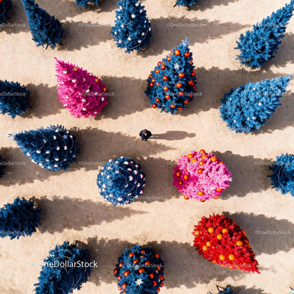 Aerial view of vibrant decorated artificial Christmas trees