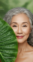 Beautiful Gray-Haired Senior Woman Smiling Behind Large Green Leaf