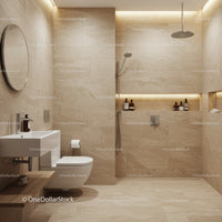 Modern Beige Tiled Bathroom with Walk-In Shower and Minimalist Decor