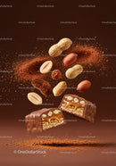 Chocolate caramel candy slice with peanuts and cocoa powder
