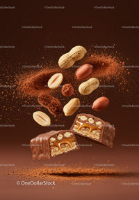 Chocolate caramel candy slice with peanuts and cocoa powder