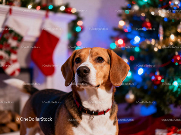 Beagle przy choince i świątecznych skarpetach