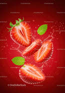 Fresh sliced strawberries with mint leaves on red background