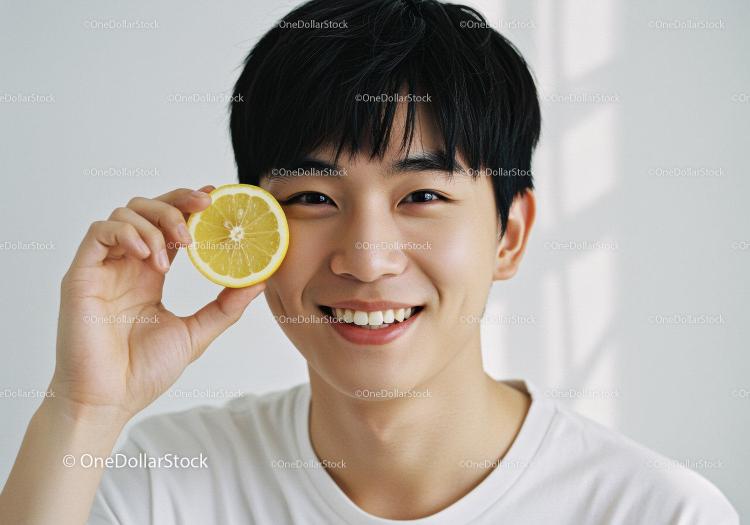 Smiling Young Man Holding Lemon Slice with Bright Sunny Atmosphere
