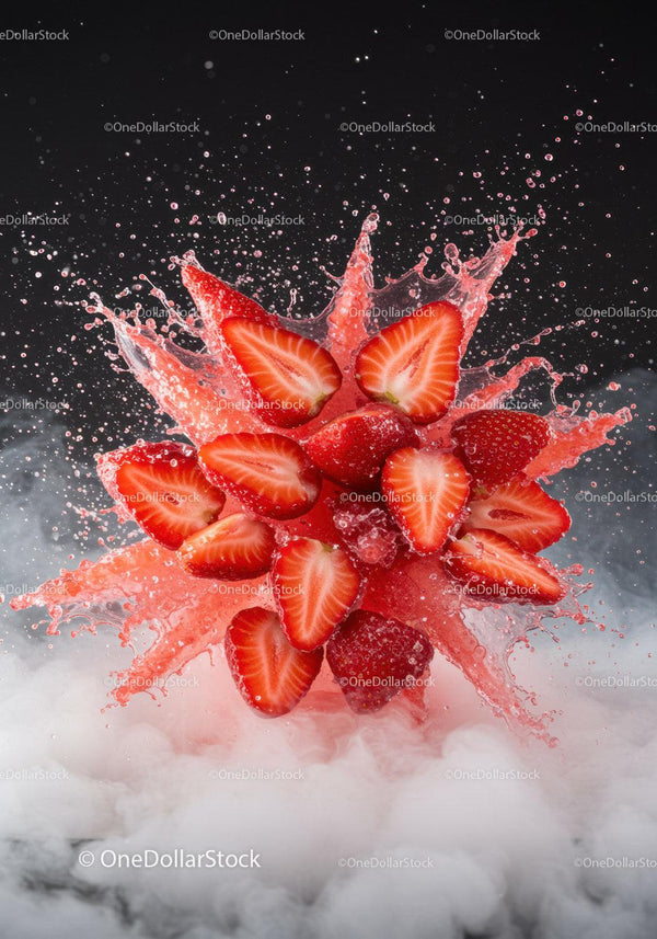 Fresh strawberry slices exploding with vibrant juice splash