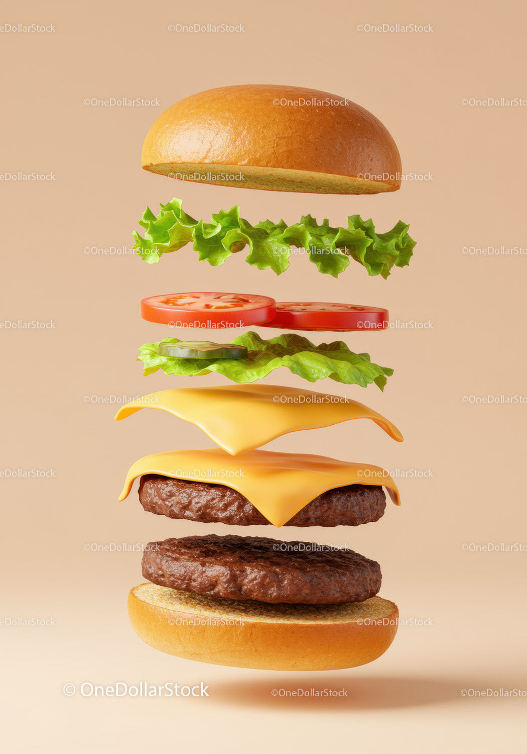 Deconstructed cheeseburger with fresh ingredients floating
