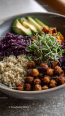 Vibrant Vegan Bowl with Quinoa Chickpeas Microgreens and Fresh Veggies