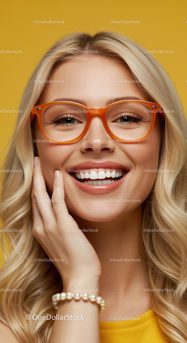Smiling blonde woman wearing orange glasses and pearl bracelet
