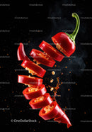 Dynamic sliced red chili pepper with seeds and splash