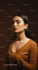 Stylish Woman with Brown Hair Wearing Casual Outfit Indoor
