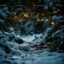 Snowy forest path illuminated by warm fairy lights