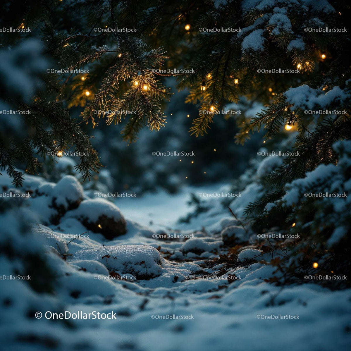 Snowy forest path illuminated by warm fairy lights