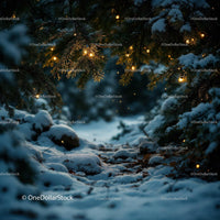 Snowy forest path illuminated by warm fairy lights