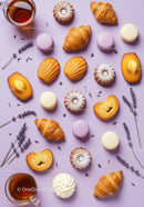 Assortment of Sweet Pastries and Tea on Lavender Background