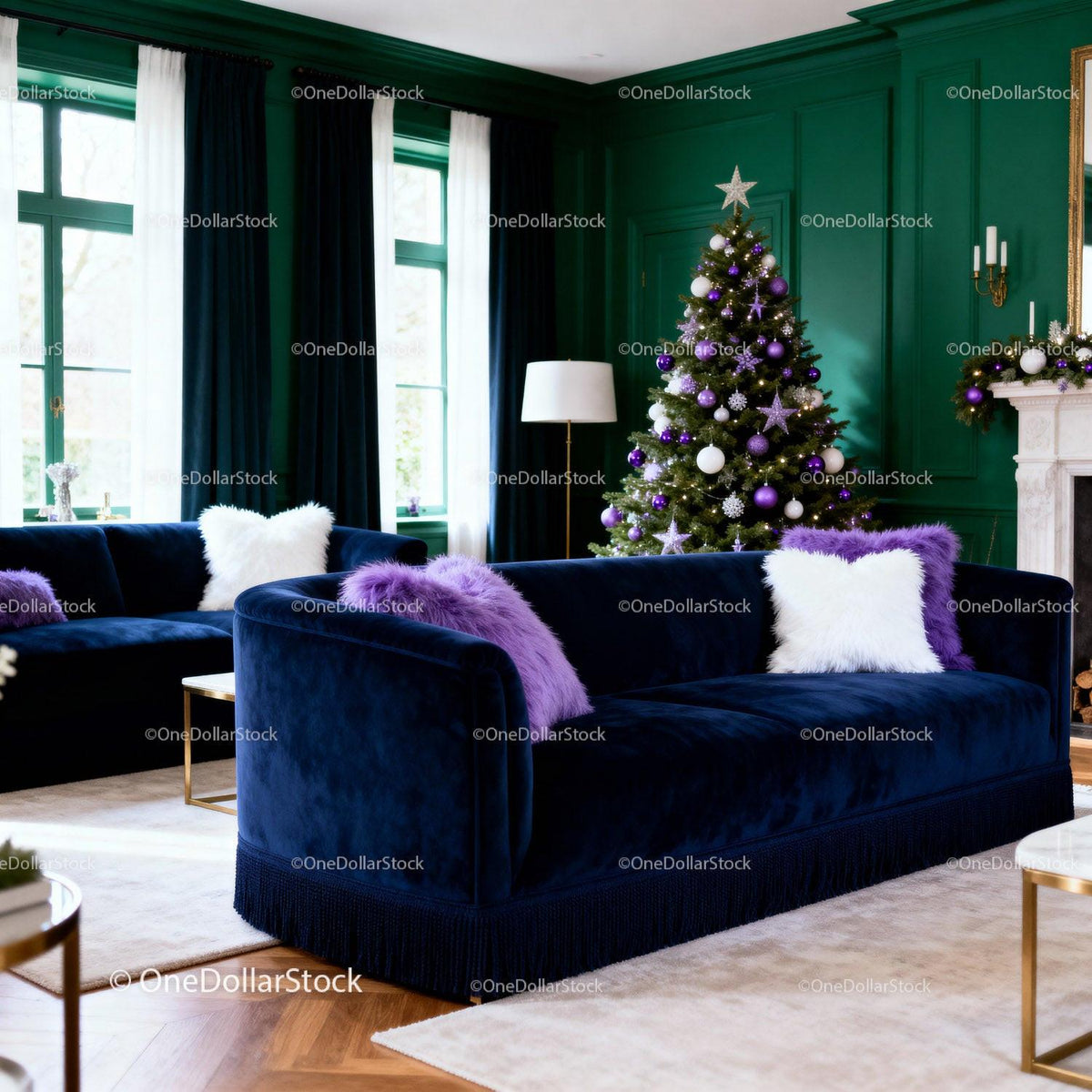 Cozy Living Room with Christmas Tree and Velvet Sofas
