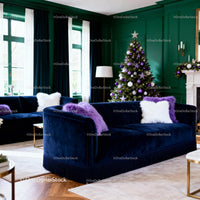 Cozy Living Room with Christmas Tree and Velvet Sofas