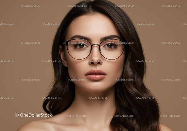 Elegancka młoda kobieta w okularach z brązowymi włosami na zdjęciu studyjnym