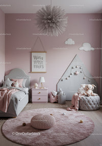 Stylish Soft Pink Nursery with Cloud Decor and Plush Toys