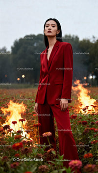 Confident woman in red suit standing in burning field