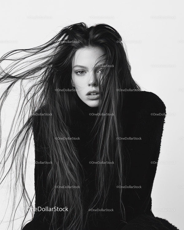 Elegant Black and White Portrait of a Woman with Long Hair