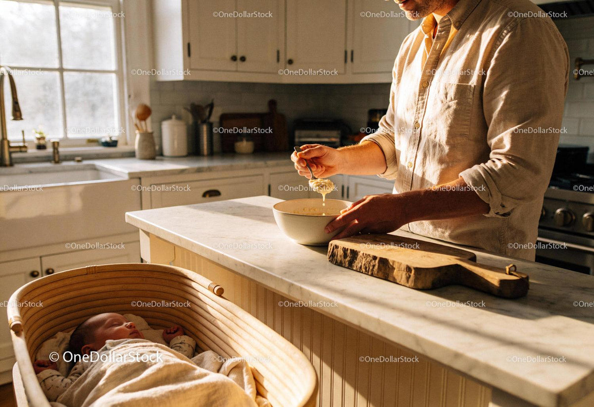 Father preparing baby food in a warm kitchen morning