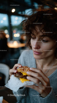 Close-up of a Young Woman Enjoying a Tasty Cheeseburger in Casual Setting