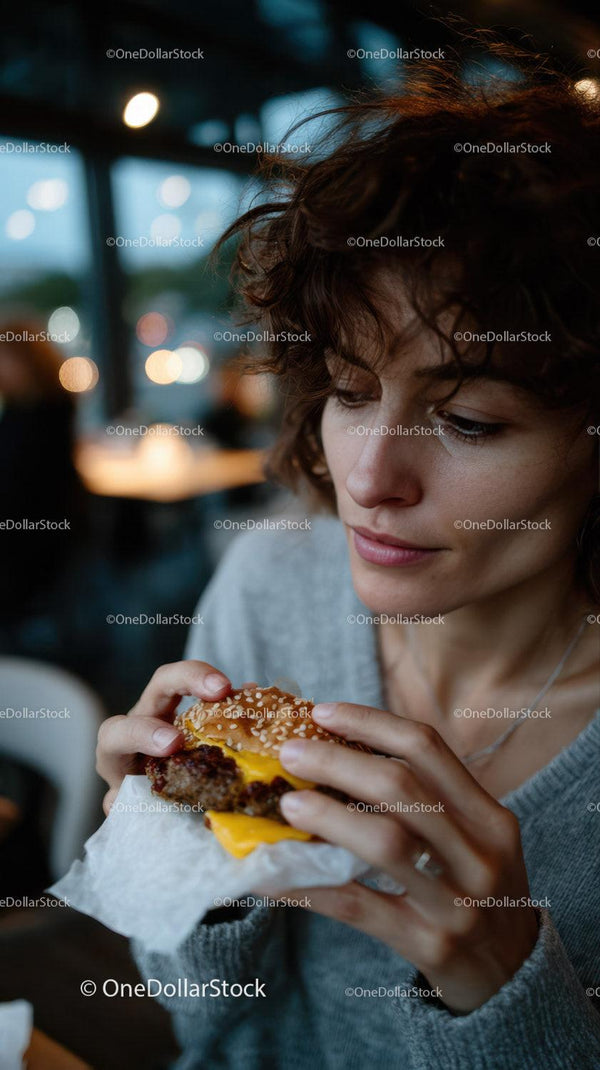 Close-up of a Young Woman Enjoying a Tasty Cheeseburger in Casual Setting