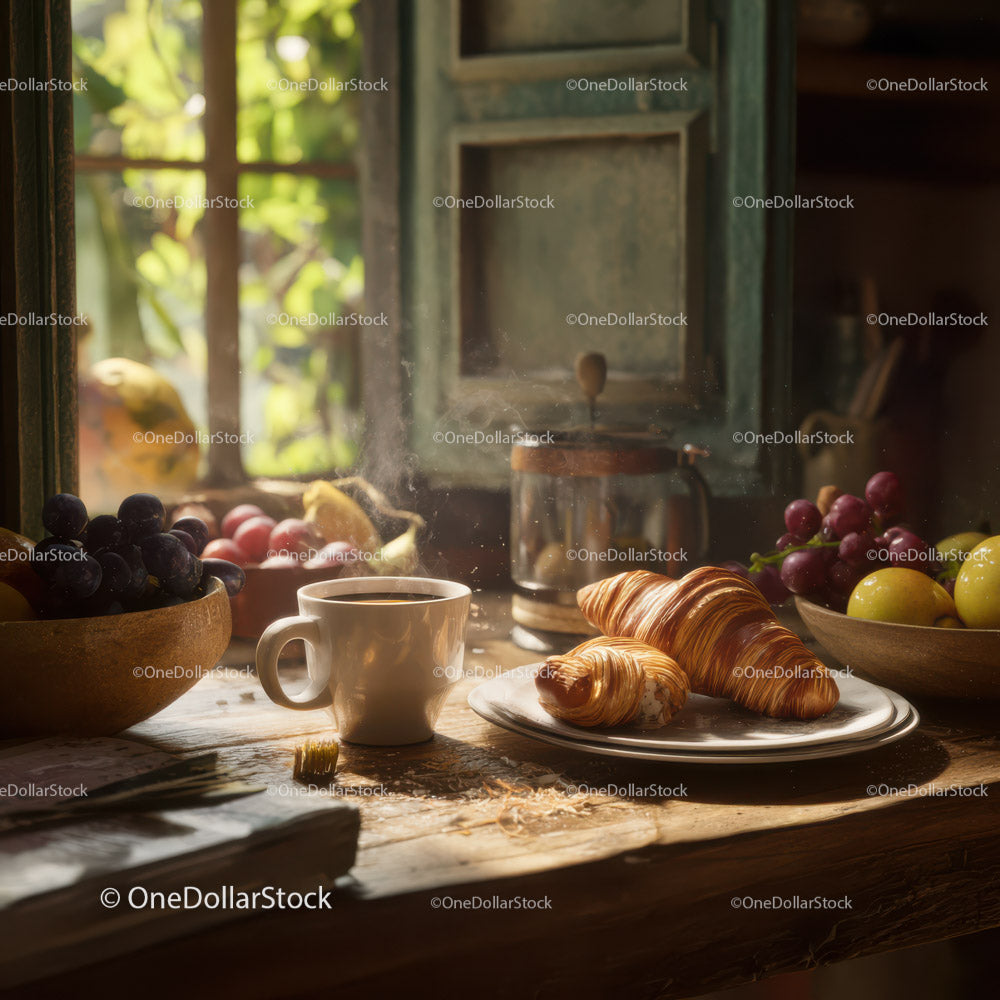 Rustic Breakfast with Croissants Coffee and Fresh Fruit
