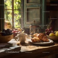 Rustic Breakfast with Croissants Coffee and Fresh Fruit