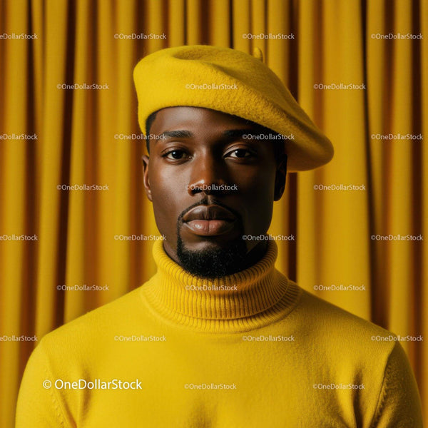 Man in Yellow Beret and Sweater Against Matching Curtain