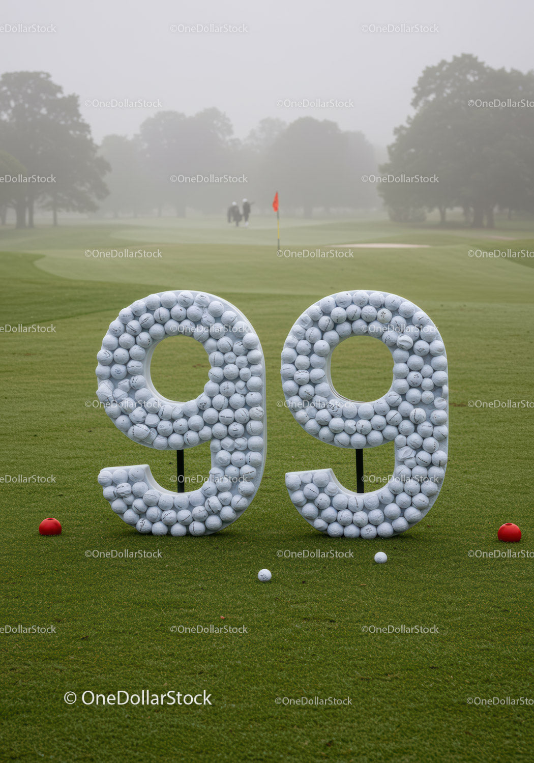 Golf course with number ninety nine made from balls