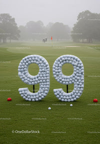 Golf course with number ninety nine made from balls