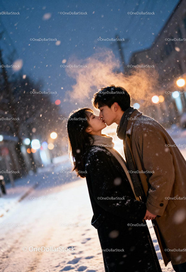 Couple sharing a warm kiss in snowy winter evening