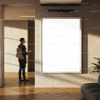 Person walking past blank poster in modern lobby