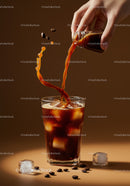 Pouring Cold Brew Coffee Over Ice Cubes in Glass