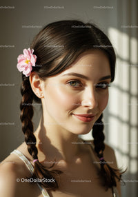 Beautiful Young Woman with Braided Hair and Pink Flower Accessory