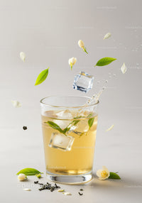 Refreshing Jasmine Tea with Ice and Fresh Green Leaves
