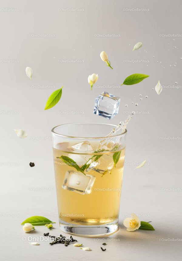 Refreshing Jasmine Tea with Ice and Fresh Green Leaves