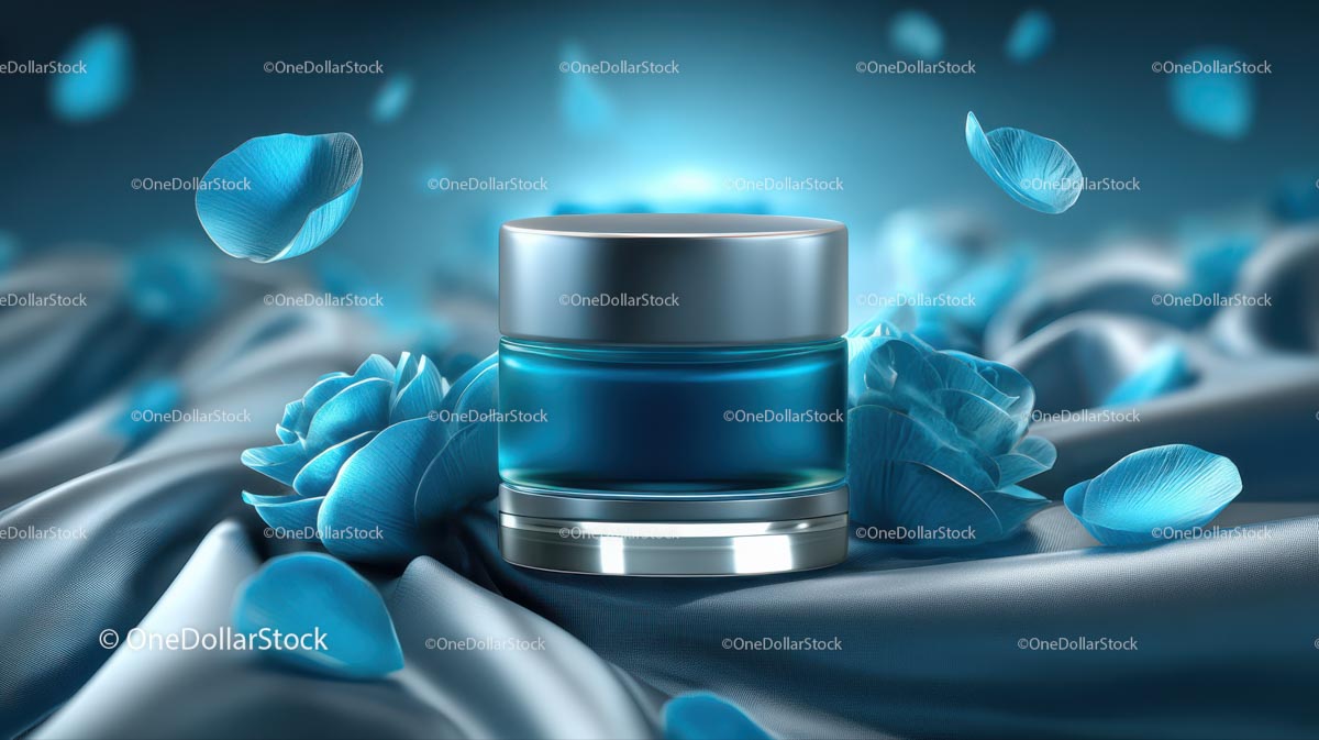 Luxury Blue Cosmetic Jar Surrounded by Elegant Floral Accents (23 Images)