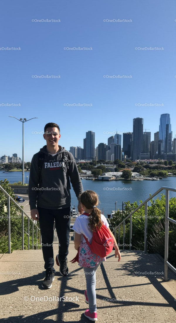 Young People Walking at City Park with Skyline View on Clear Day
