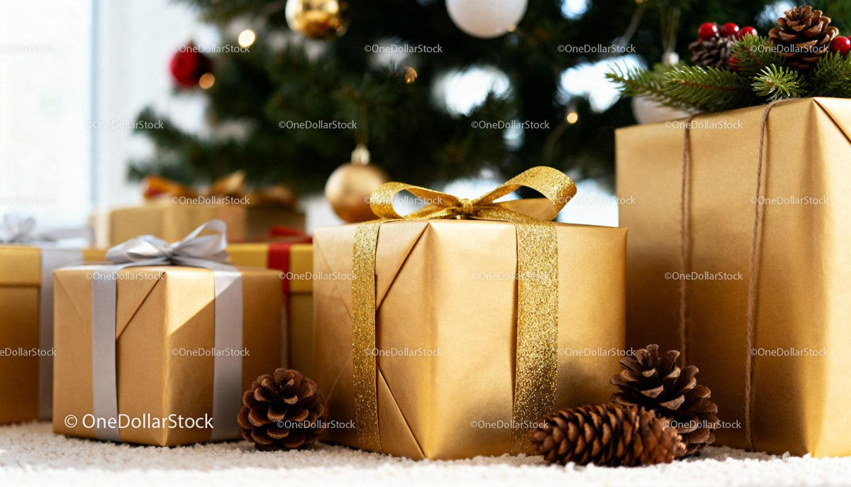 Gold wrapped Christmas gifts with pinecones under tree