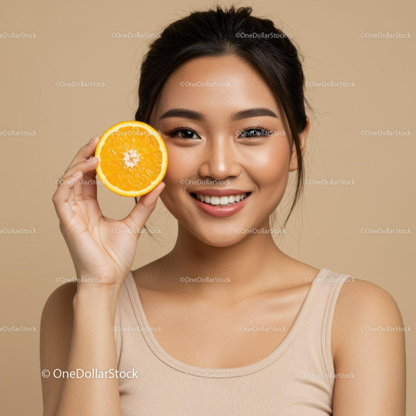 Smiling Asian Woman Holding Orange Slice in Bright Studio