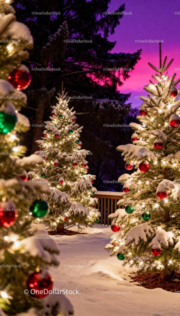 Snow Covered Christmas Trees Decorated with Lights and Ornaments